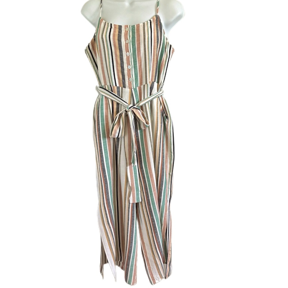 Saltwater LUXE Cropped Jumpsuit Side Slit Striped Green Tan Brown Boho Large